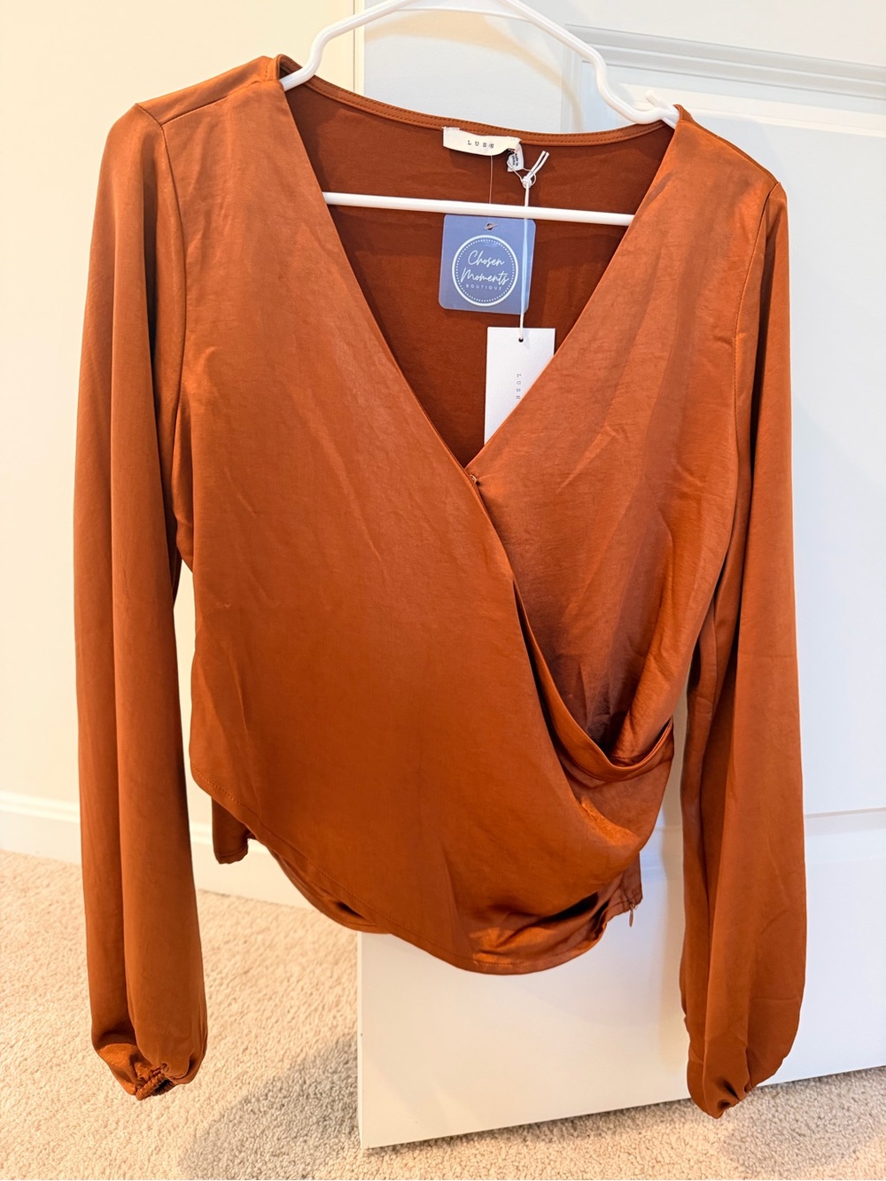 Lush Rust Wrap-Front Satin Blouse